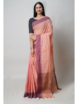 Unnati Silks - Peach Orange Plain Chetana Cotton Saree with Unstitched Blouse