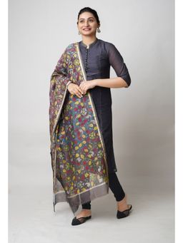 Unnati Silks - Dark Brown Pure Pen Kalamkari Hand Painted Chanderi Cotton Slik Dupatta
