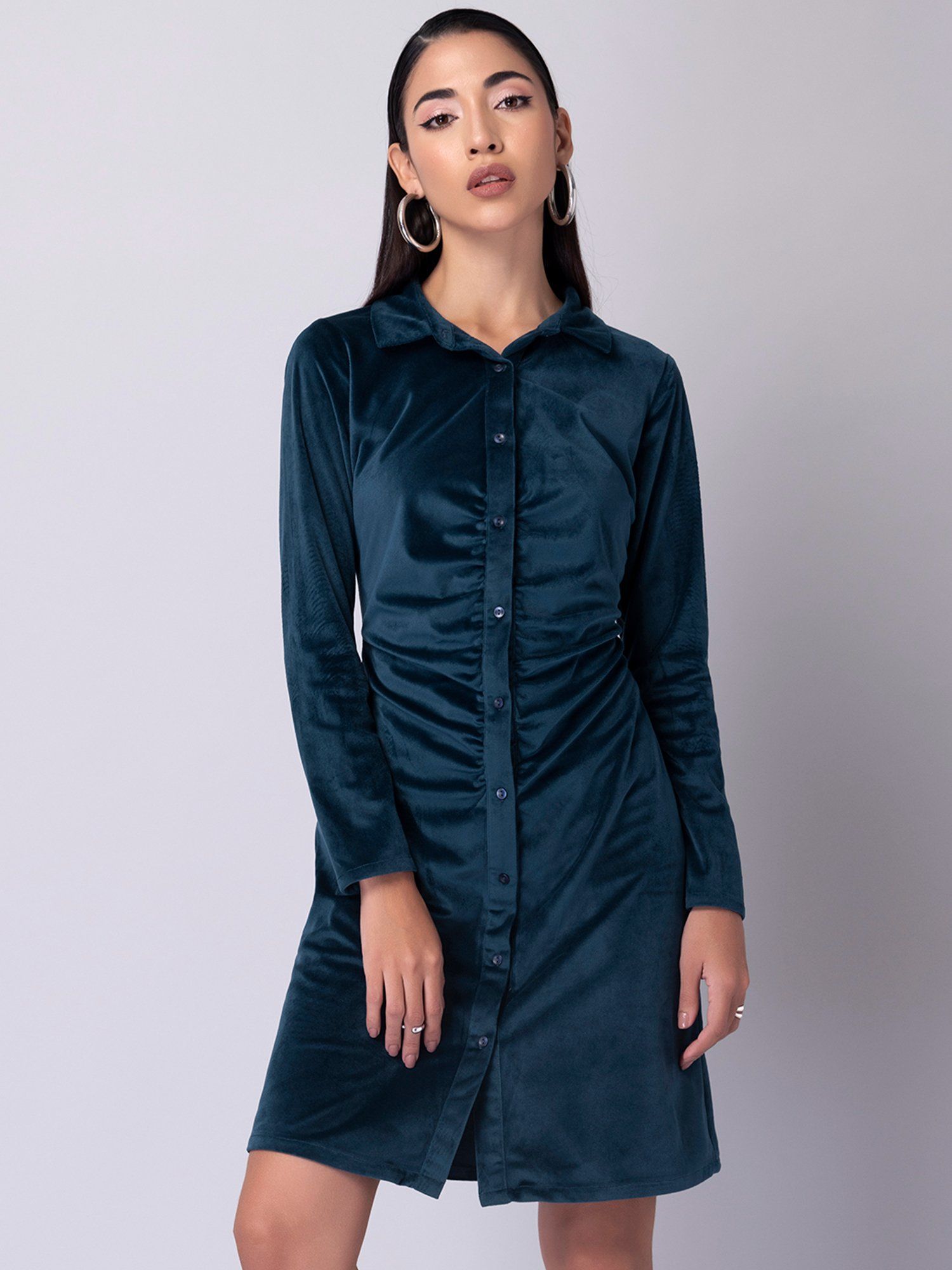 Buy FabAlley Navy Blue Velvet Ruched Shirt Dress Online
