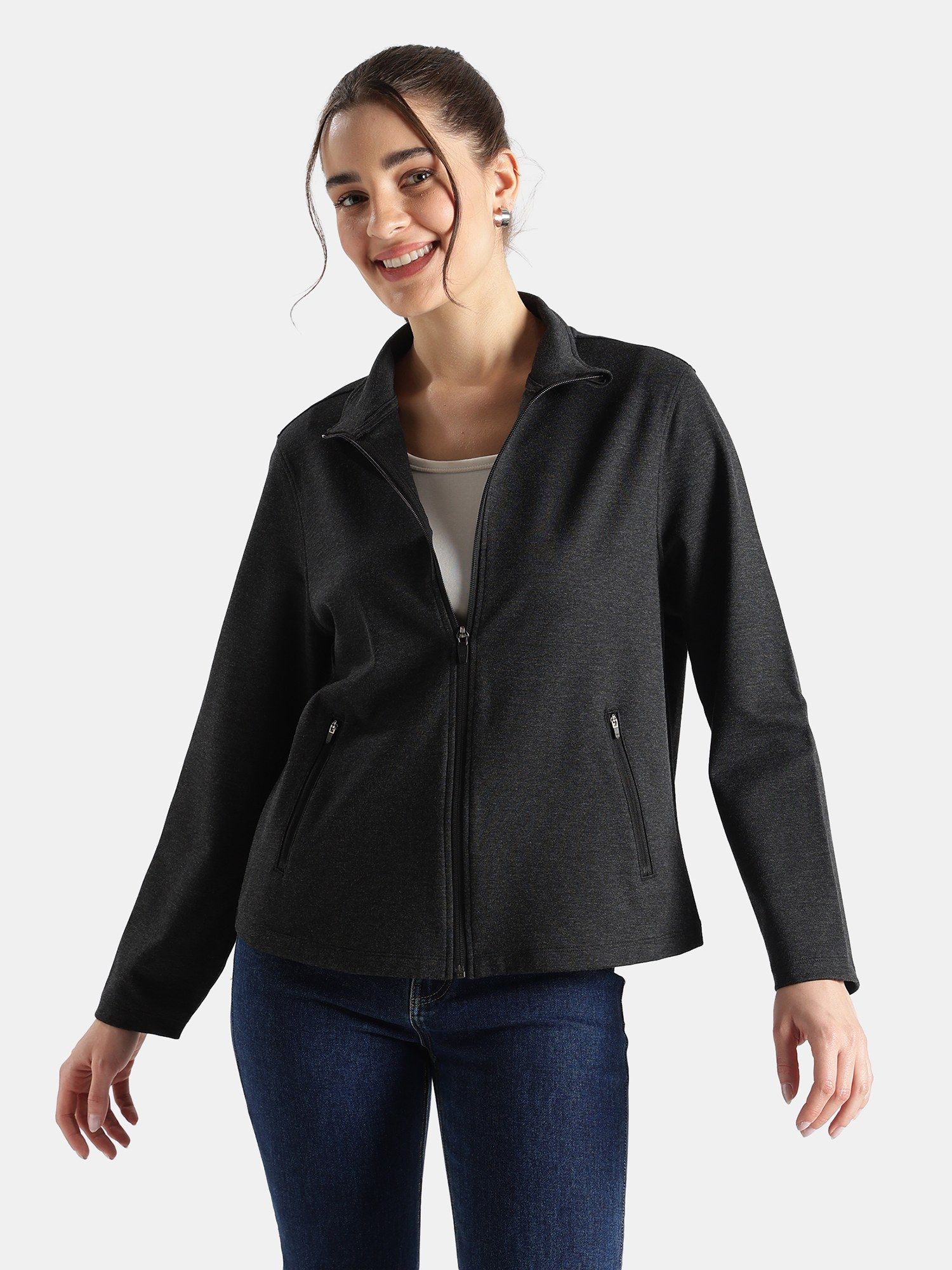 jockey A193 Women Rayon Nylon Elastane Stretch Relaxed Fit Jacket Black Melange-picture-28