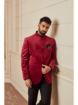 TASVA - Maroon Velvet Bandhgala with Kantha Stich Detailing