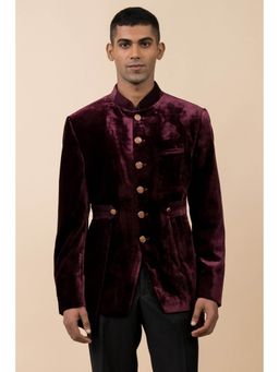 TASVA - Wine Velvet Bandhgala With Top Stitch Detailing
