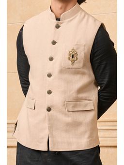 TASVA - Zardozi Embroidered Crest Beige Nehru Jacket