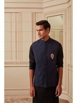 TASVA - Zardozi Embroidered Crest Navy Blue Nehru Jacket