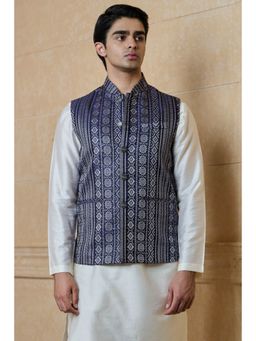 TASVA - Navy Embroidered Jacquard Nehru Jacket