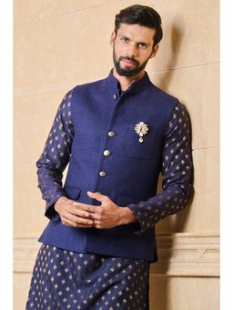 TASVA - Solid Navy Cotton Nehru Jacket