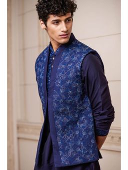 TASVA - Navy Blue All Over Printed Quilted Nehru Jacket