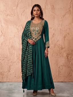 PRATAPSONS HERITAGE - Emerald Green Embellished Chinon Silk Anarkali with Dupatta