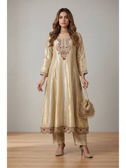 PRATAPSONS HERITAGE - Ivory Embellished Shimmer Anarkali Kurta with Pants and Dupatta