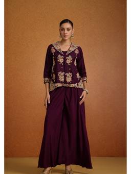 PRATAPSONS HERITAGE - Wine Aubergine Embroidered Raw Silk Top with Palazzo