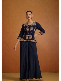 PRATAPSONS HERITAGE - Navy Blue Embroidered Raw Silk Top with Palazzo
