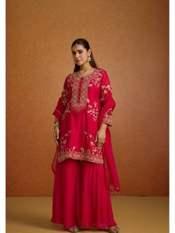 PRATAPSONS HERITAGE - Rani Pink Embellished Premium Silk Kurta with Sharara and Dupatta