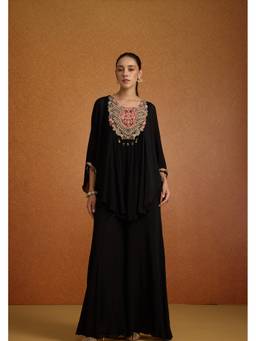 PRATAPSONS HERITAGE - Black Boho Embellished Georgette Kaftan with Inner Slip and Palazzo
