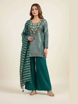 PRATAPSONS HERITAGE - Green Ivy Embellished Shimmer Organza Silk Kurta with Palazzo and Dupatta