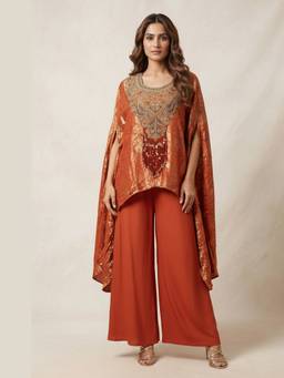 PRATAPSONS HERITAGE - Deep Rust Embellished Banarasi Brocade Silk Kaftan with Palazzo