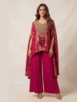 PRATAPSONS HERITAGE - Raspberry Pink Embellished Banarasi Brocade Silk Kaftan with Palazzo