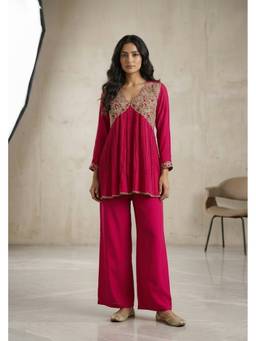 PRATAPSONS HERITAGE - Raspberry Pink Embellished Chinon Silk Kurta with Palazzo
