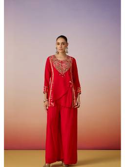 PRATAPSONS HERITAGE - Red Vermilion Embellished Raw Silk Kurta with Palazzos