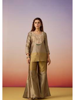 PRATAPSONS HERITAGE - Gold Noor Embellished Tissue Silk Kurti with Palazzo