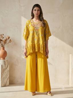 PRATAPSONS HERITAGE - Mustard Embellished Chinon Silk Kaftan with Inner Slip and Palazzo