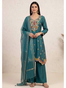 PRATAPSONS HERITAGE - Teal Majesty Embellished Raw Silk Kurta with Pants and Dupatta
