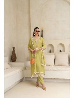 PRATAPSONS HERITAGE - Enchanted Olive Embellished Crepe Silk Kurta with Pants and Dupatta