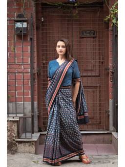 Sutra Art of Clothing - Indigo Bird Hand Block Printed Saree with Stitched Blouse