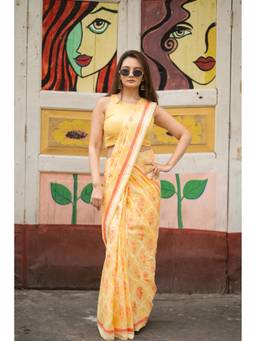 Sutra Art of Clothing - Women Yellow Printed Saree with Blouse