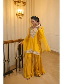 PRATAPSONS HERITAGE - Mustard Sunlit Amber Embellished Raw Silk Kurta with Sharara and Dupatta