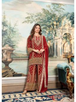 PRATAPSONS HERITAGE - Rust Terracotta Embellished Crepe Silk Kurta with Palazzo and Dupatta