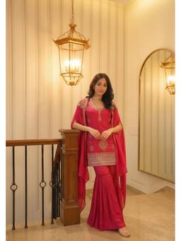 PRATAPSONS HERITAGE - Ruby Pink Embellished Raw Silk Kurta with Sharara and Cape