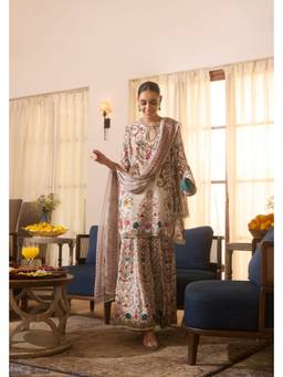 PRATAPSONS HERITAGE - Champagne Beige Printed Crepe Silk Kurta with Sharara and Dupatta