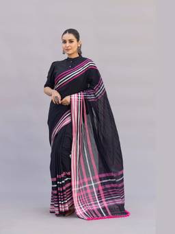 Sutra Art of Clothing - Handloom Black Pure Cotton Saree with Pink Stripes Border