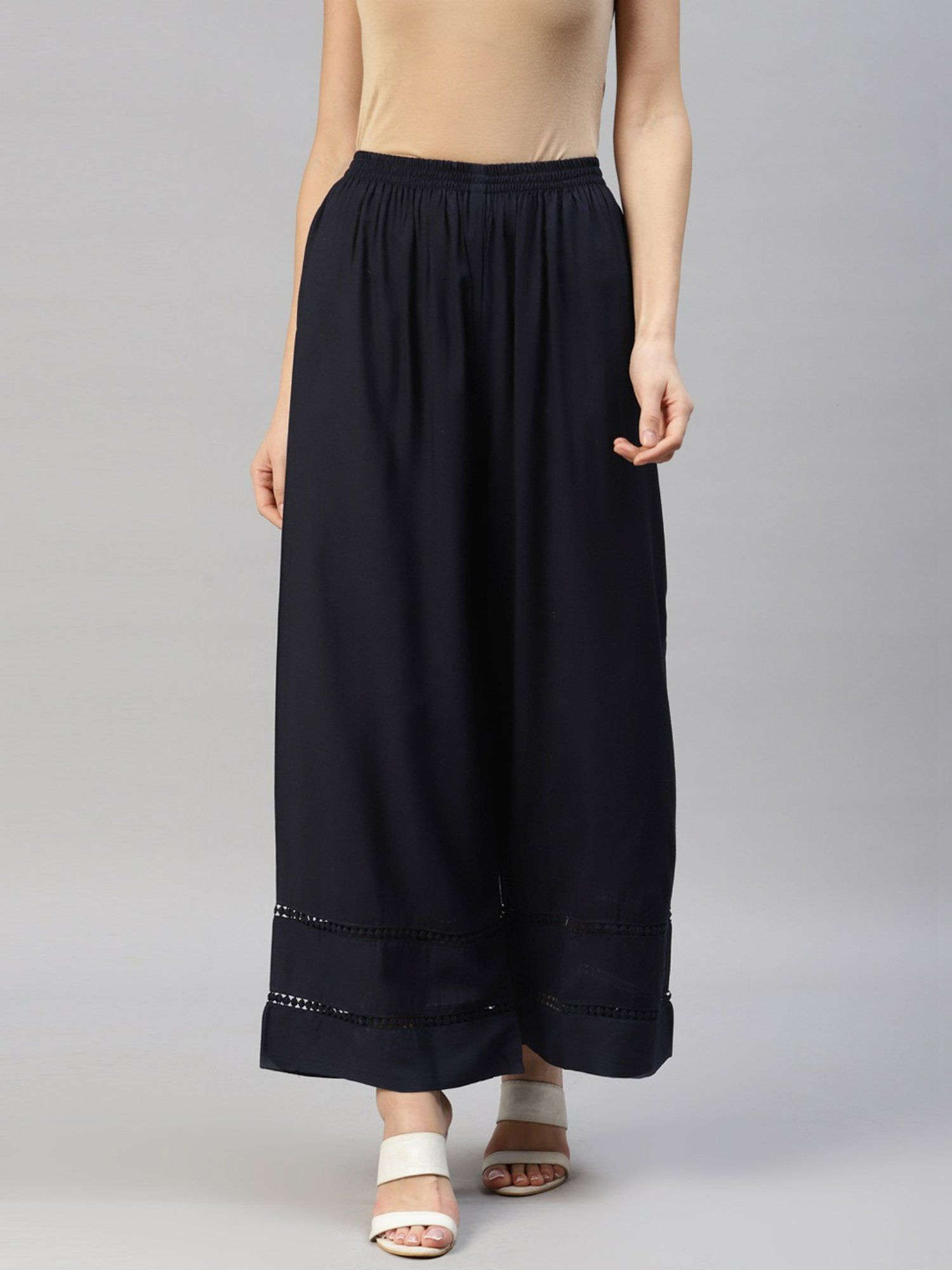 Women Rayon Fabric Navy Blue Solid Palazzo