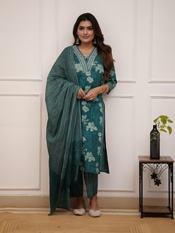 BLACK SCISSOR - Teal Floral Printed Kurta with Pant & Dupatta Set (Set of 3)