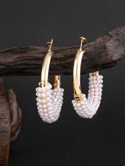 E2O - Quirky Golden with White Peral Embellished Round Hoop Earring