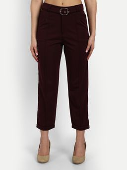 BROADSTAR - Women High-Rise Stretchable Maroon Color Regular Fit Tapered Trouser