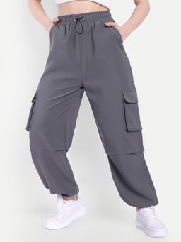 BROADSTAR - Women High-Rise Stretchable Dark Grey Color Baggy Fit Parachute Trouser
