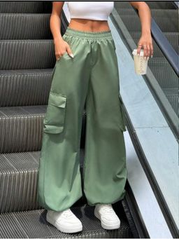 BROADSTAR - Women High-Rise Stretchable Pista Color Baggy Fit Parachute Trouser