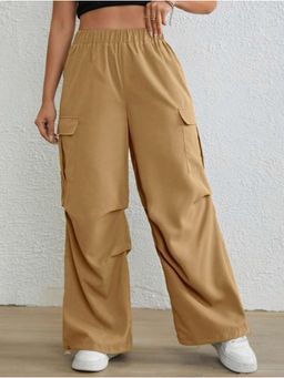 BROADSTAR - Women High-Rise Stretchable Beige Color Baggy Fit Parachute Trouser
