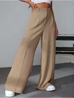 BROADSTAR - Women High-Rise Stretchable Beige Color Baggy Fit Korean Trouser