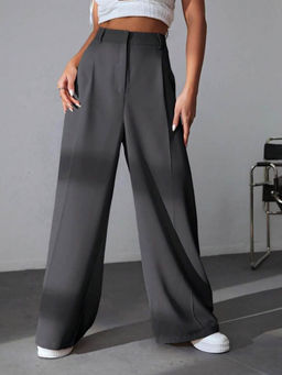 BROADSTAR - Women High-Rise Stretchable Dark Grey Color Korean Trouser