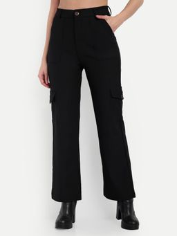 BROADSTAR - Women High-Rise Stretchable Black Color Straight Fit Corduroy Cargo