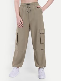 BROADSTAR - Women High-Rise Stretchable Dark Beige Color Baggy Fit Parachute Trouser