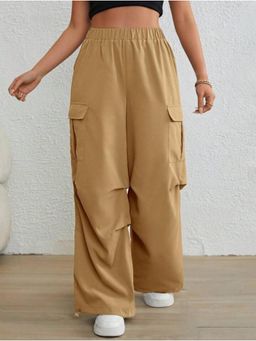 BROADSTAR - Women High-Rise Stretchable Beige Color Baggy Fit Parachute Trouser
