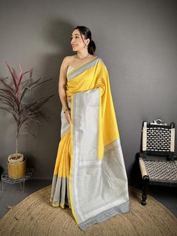 Elora - Yellow Soft Silk Kanjivaram Silver Weaving Saree With Unstitched Blouse