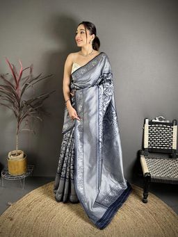 Elora - Blue Soft Silk Floral Motifs Kanjivaram Silver Weaving Saree With Unstitched Blouse