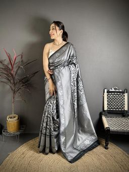 Elora - Black Soft Silk Floral Motifs Kanjivaram Silver Weaving Saree With Unstitched Blouse