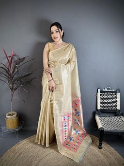 Elora - Beige Tissue Zari Weaving Paithani Muniya Border Saree With Unstitched Blouse