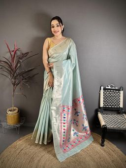Elora - Light Blue Tissue Zari Weaving Paithani Muniya Border Saree With Unstitched Blouse